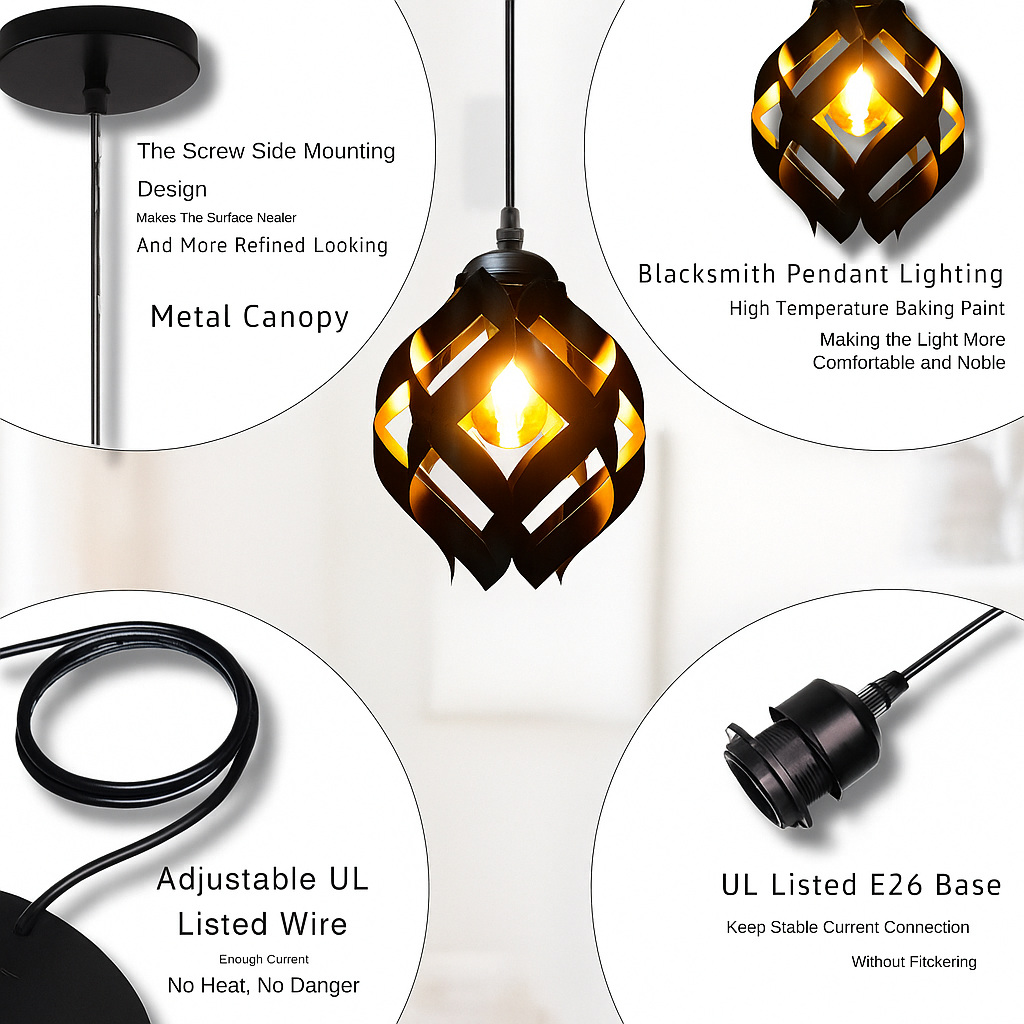 Adjustable metal pendant light with E26 bulb socket