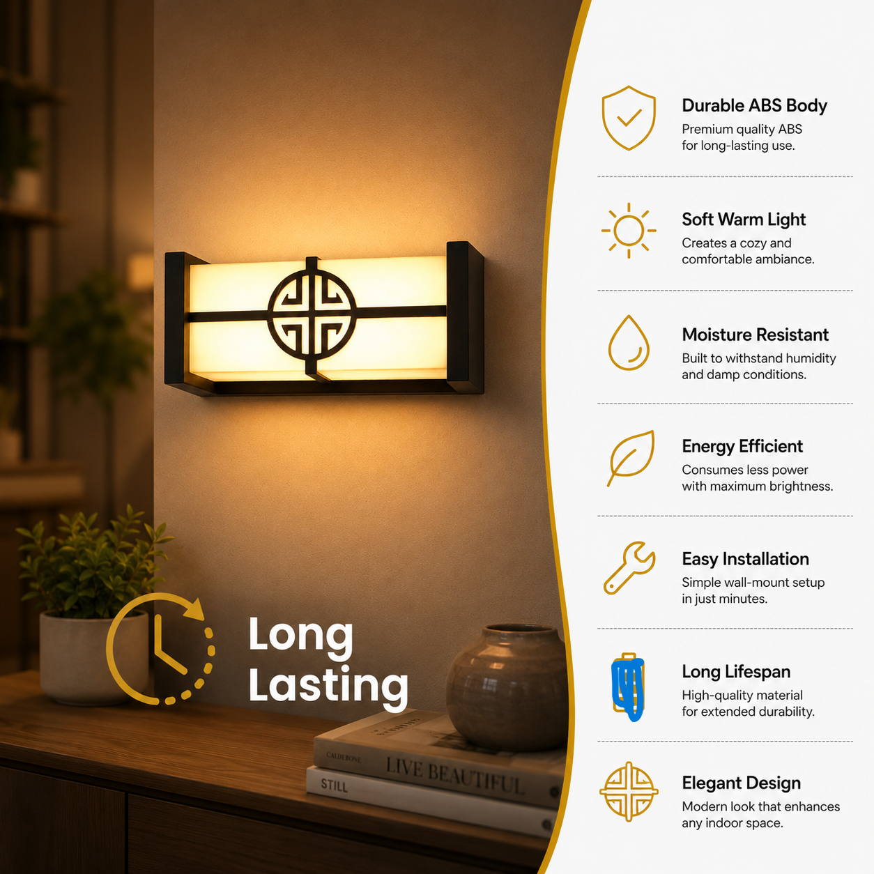 Wall-mounted light fixture with features listed on the right, in a home setting.