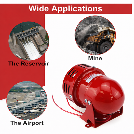 Red industrial blower with applications shown at a reservoir, mine, and airport on a red background.