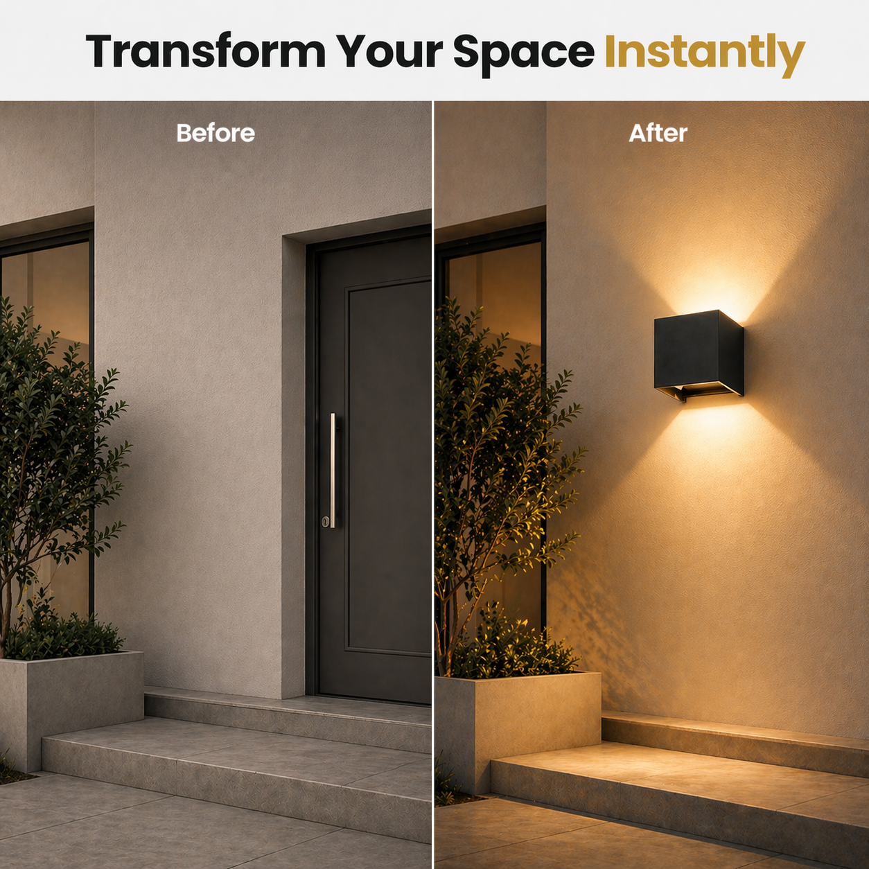 Before and after comparison of a modern entrance with added wall-mounted outdoor light.