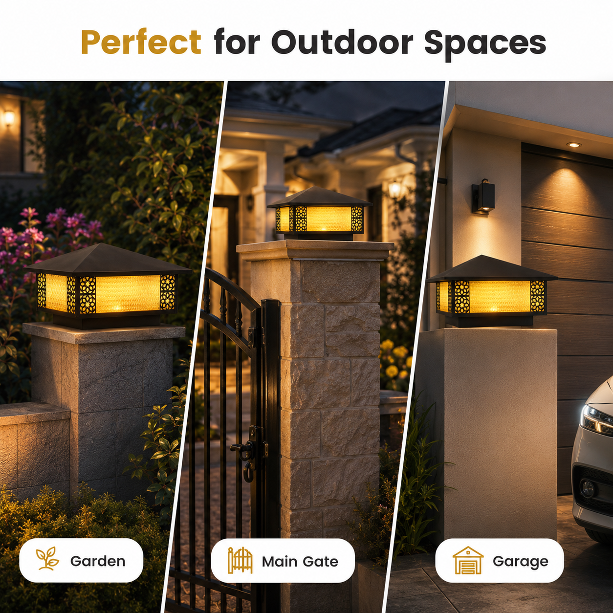 Outdoor lighting fixtures used in garden, main gate, and garage settings.