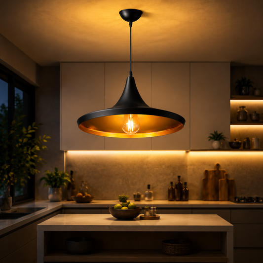 "Modern black pendant light with golden interior in kitchen"