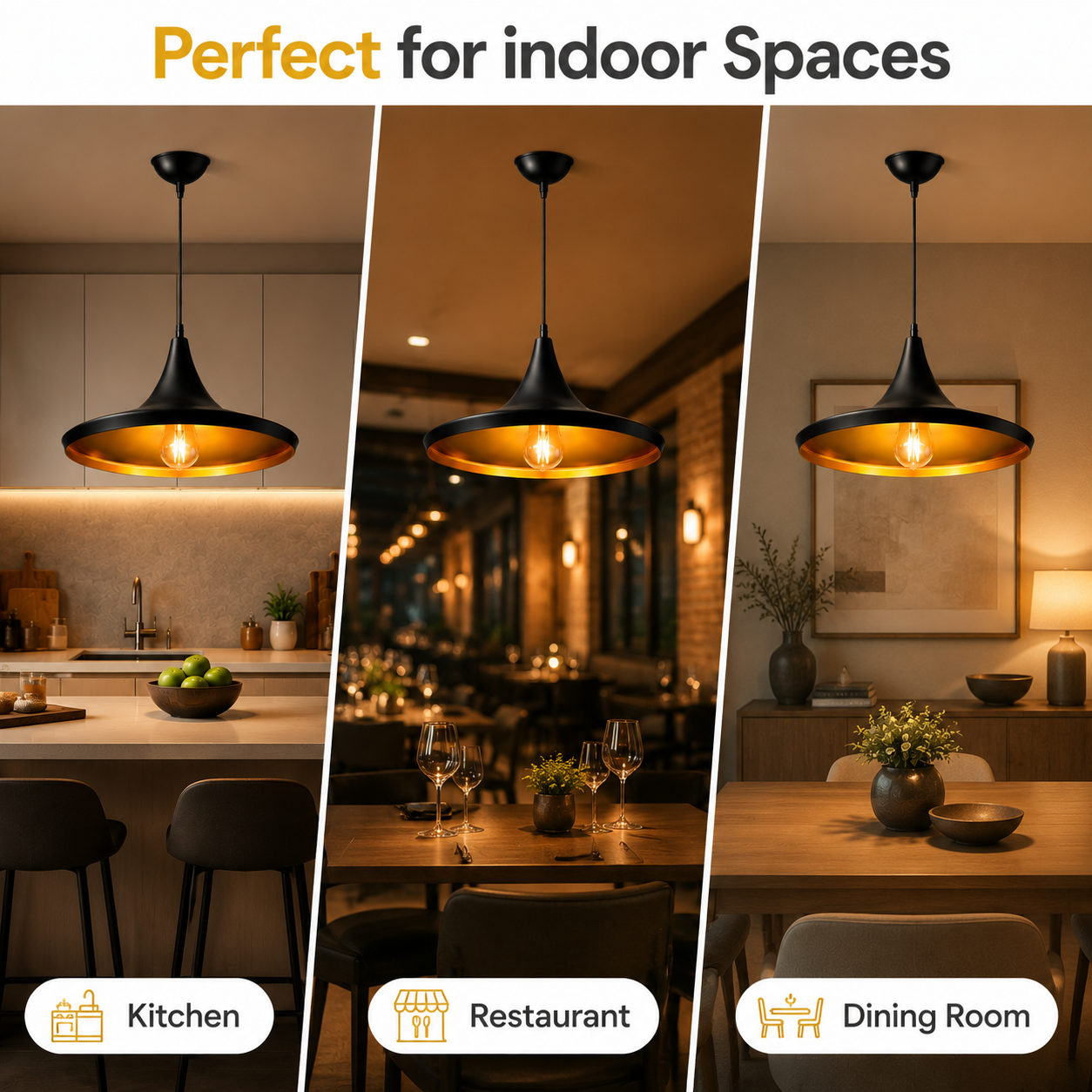 "Elegant black pendant light illuminating dining area"