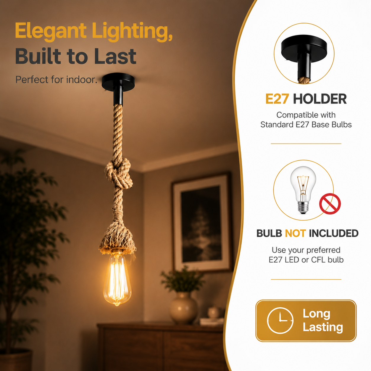 "Rope pendant light with premium quality jute rope material zoomed in."
