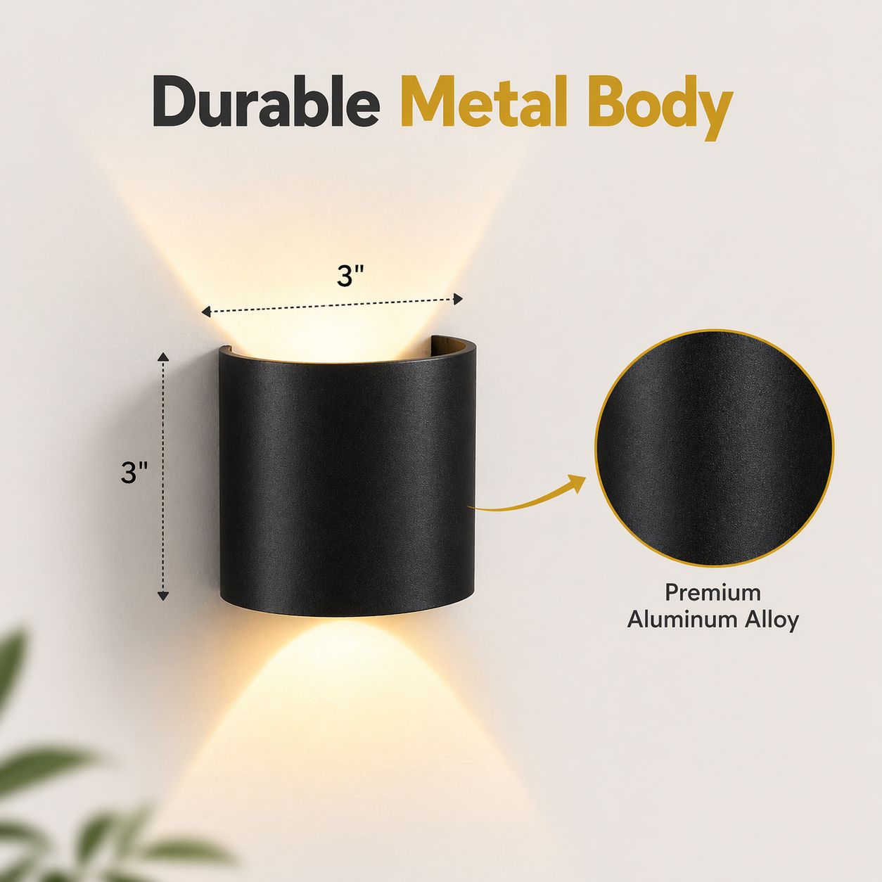 Black wall-mounted light fixture with dimensions and material details on a white background