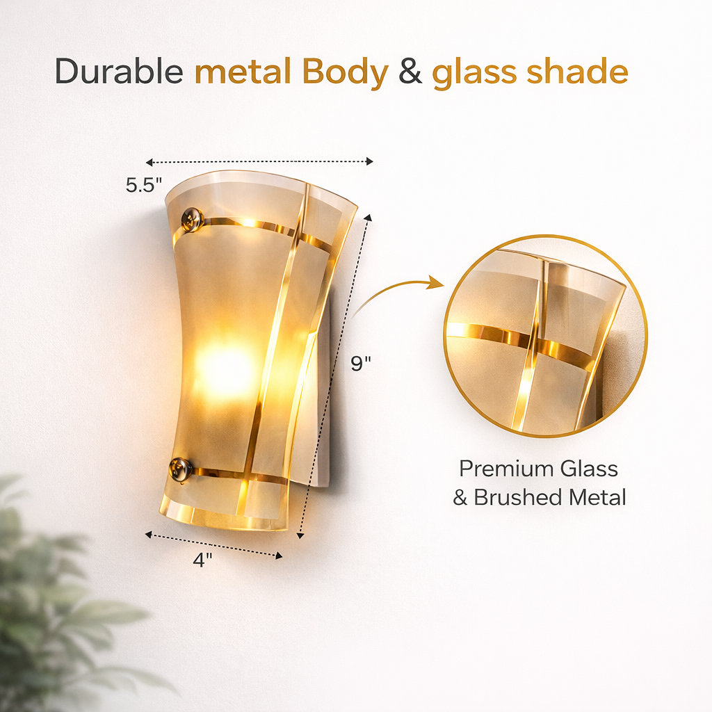 Product specification image showing curved glass sconce dimensions