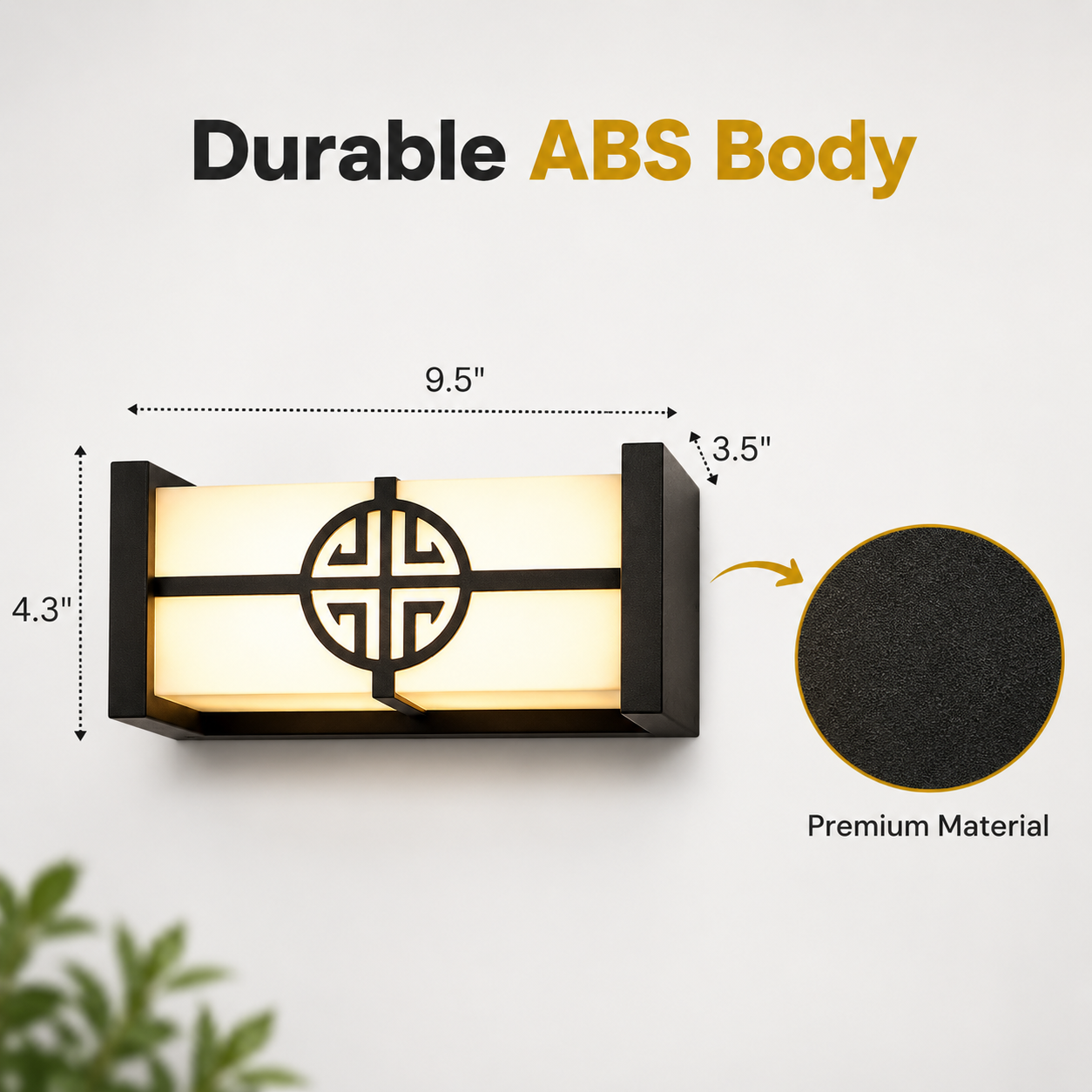 Wall-mounted light fixture with dimensions and material information on a white background