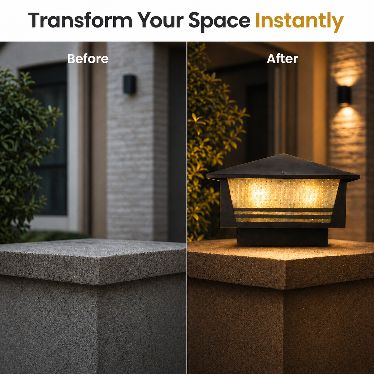 Before and after comparison of outdoor lighting installation on a concrete surface.