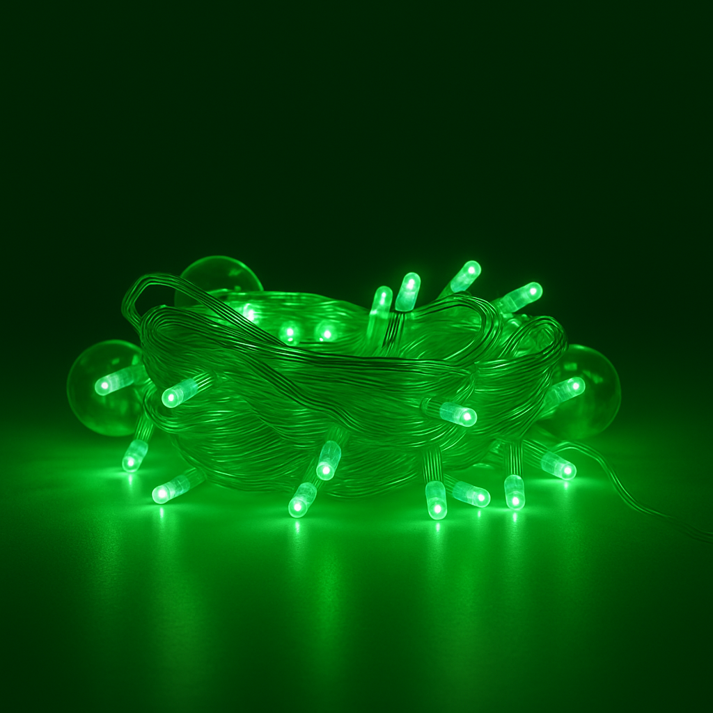 Green string lights on a black background