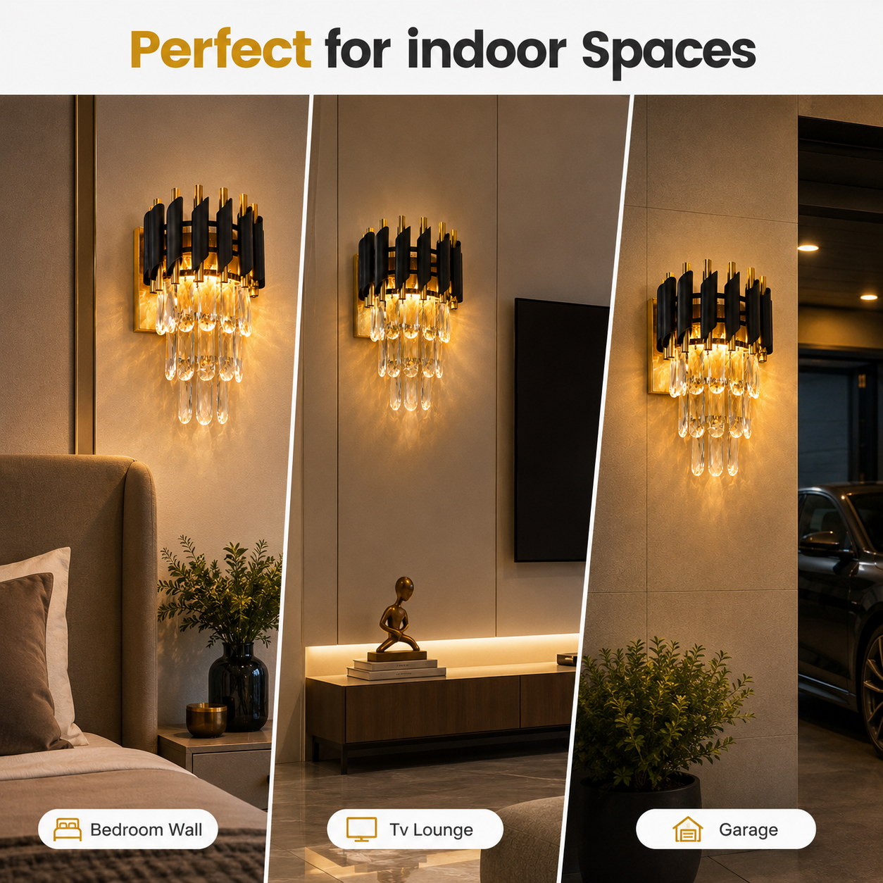 Wall-mounted light fixture shown in various indoor settings including bedroom, TV lounge, and garage.