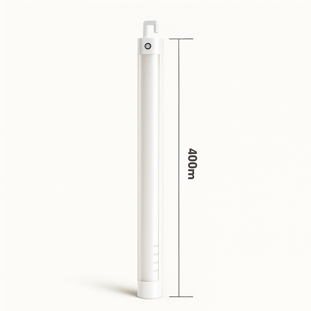 White cylindrical device with measurement details on a white background