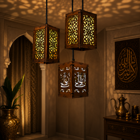 Islamic wooden pendant lights illuminating elegant modern dining room interior