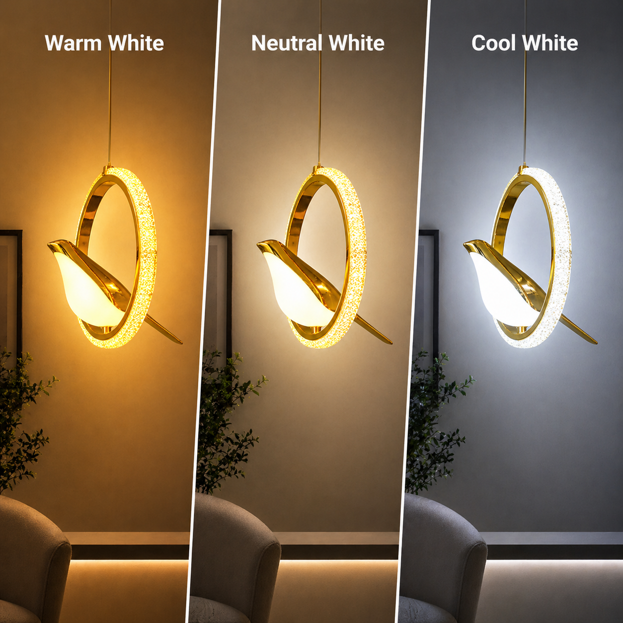Three pendant lights showing Warm White, Neutral White, and Cool White lighting effects in a room setting.