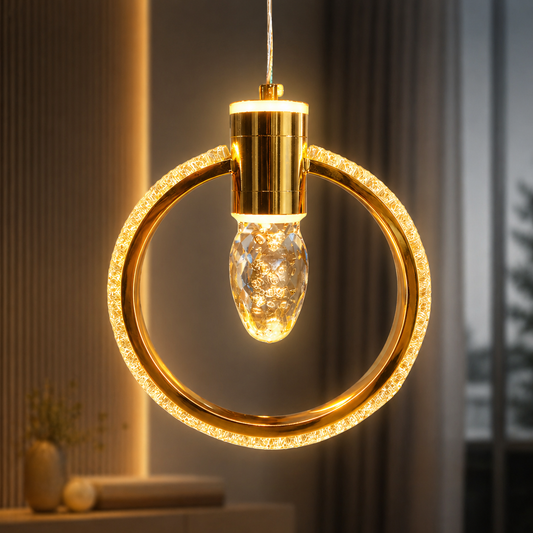 gold crystal ring pendant light glowing in modern living room