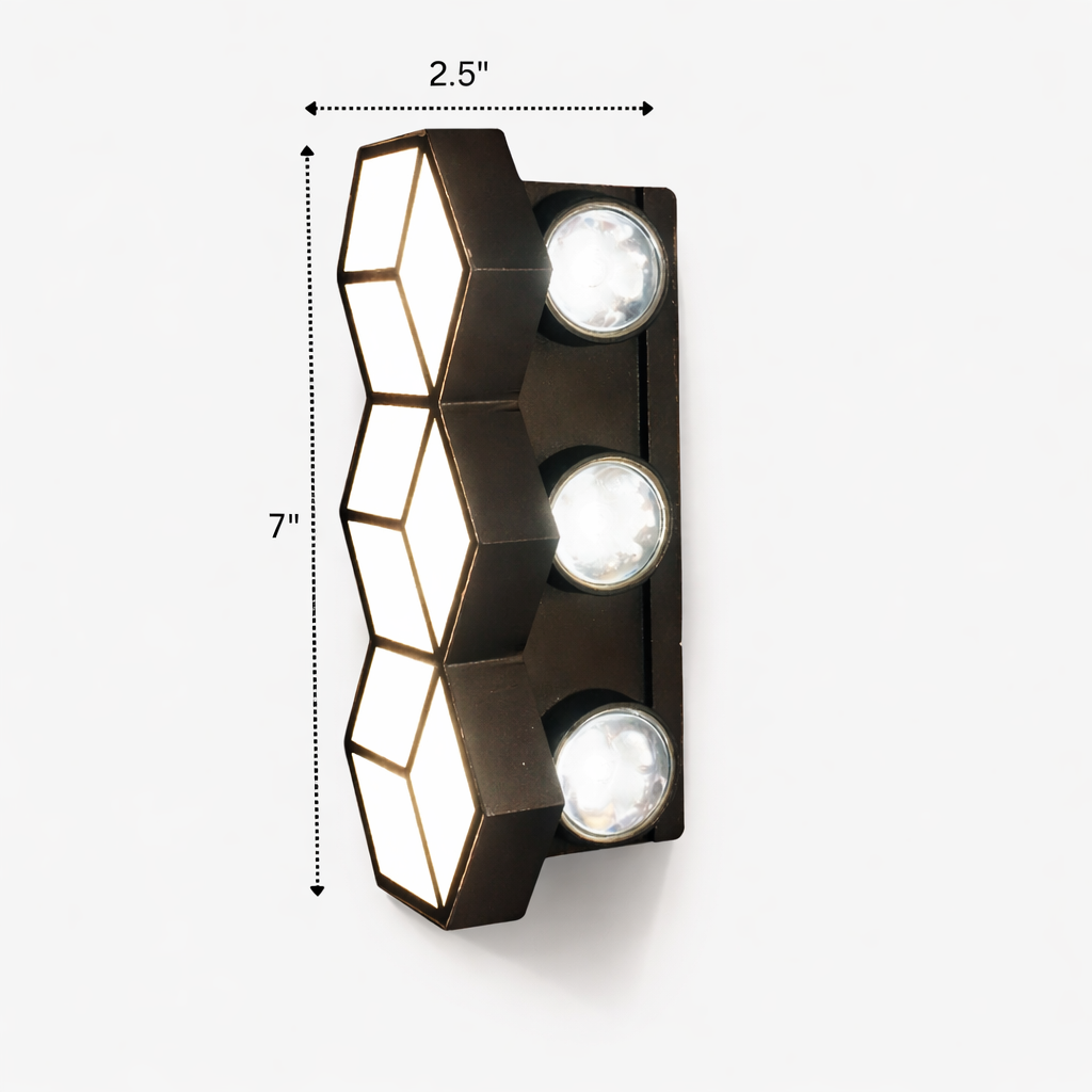 Wall-mounted light fixture with geometric design and dimensions on a white background