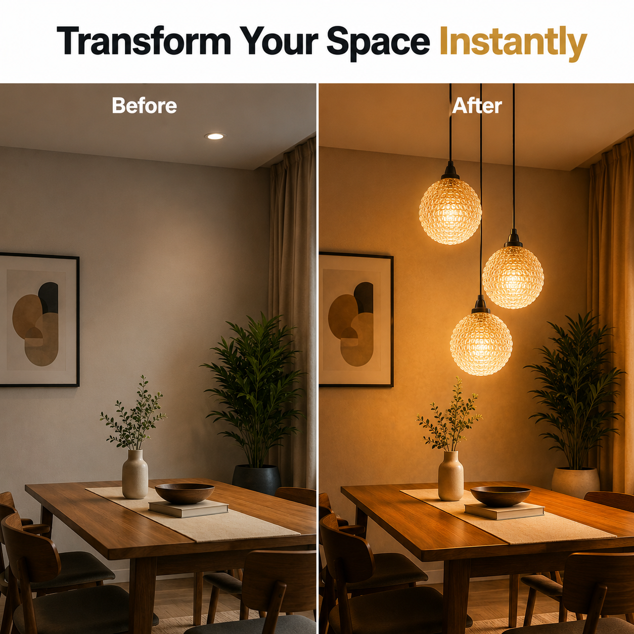 Before and after comparison of a dining room with new pendant lights.