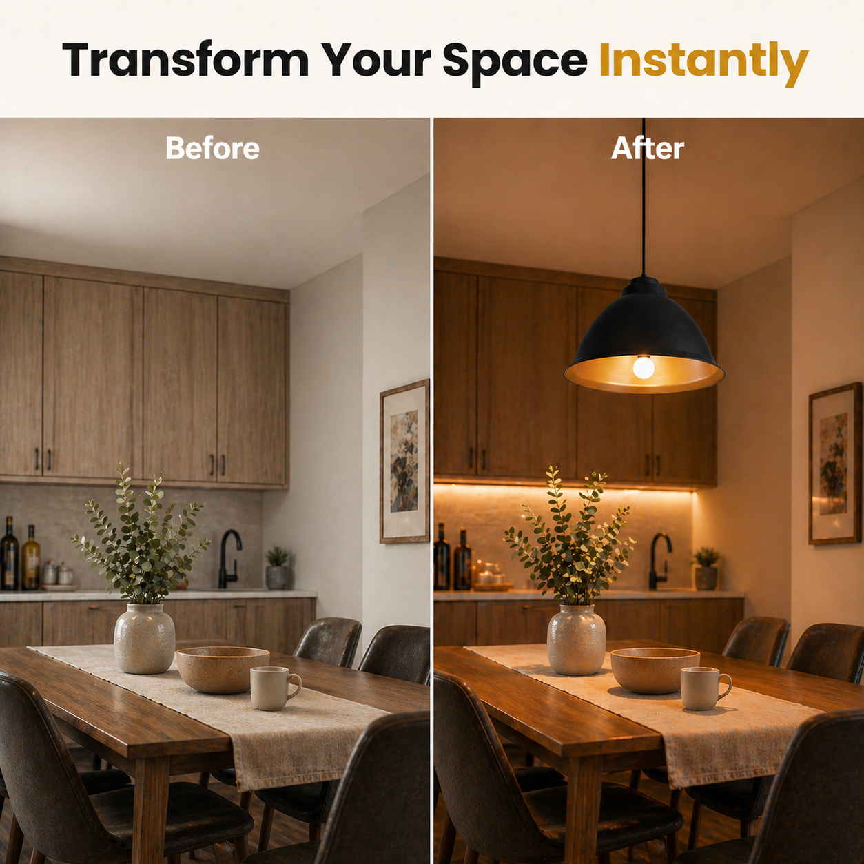 Before and after comparison of a kitchen with added pendant light.