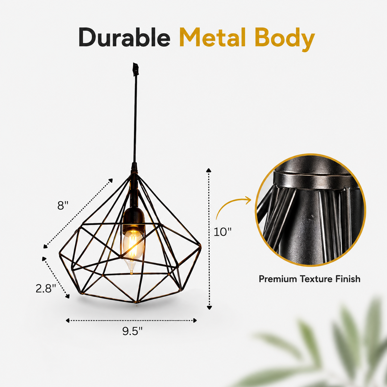 Geometric pendant light with dimensions and texture finish details on a white background