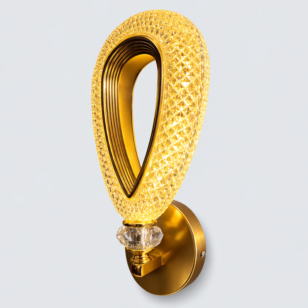 Elegant gold LED wall sconce with crystal texture lighting
