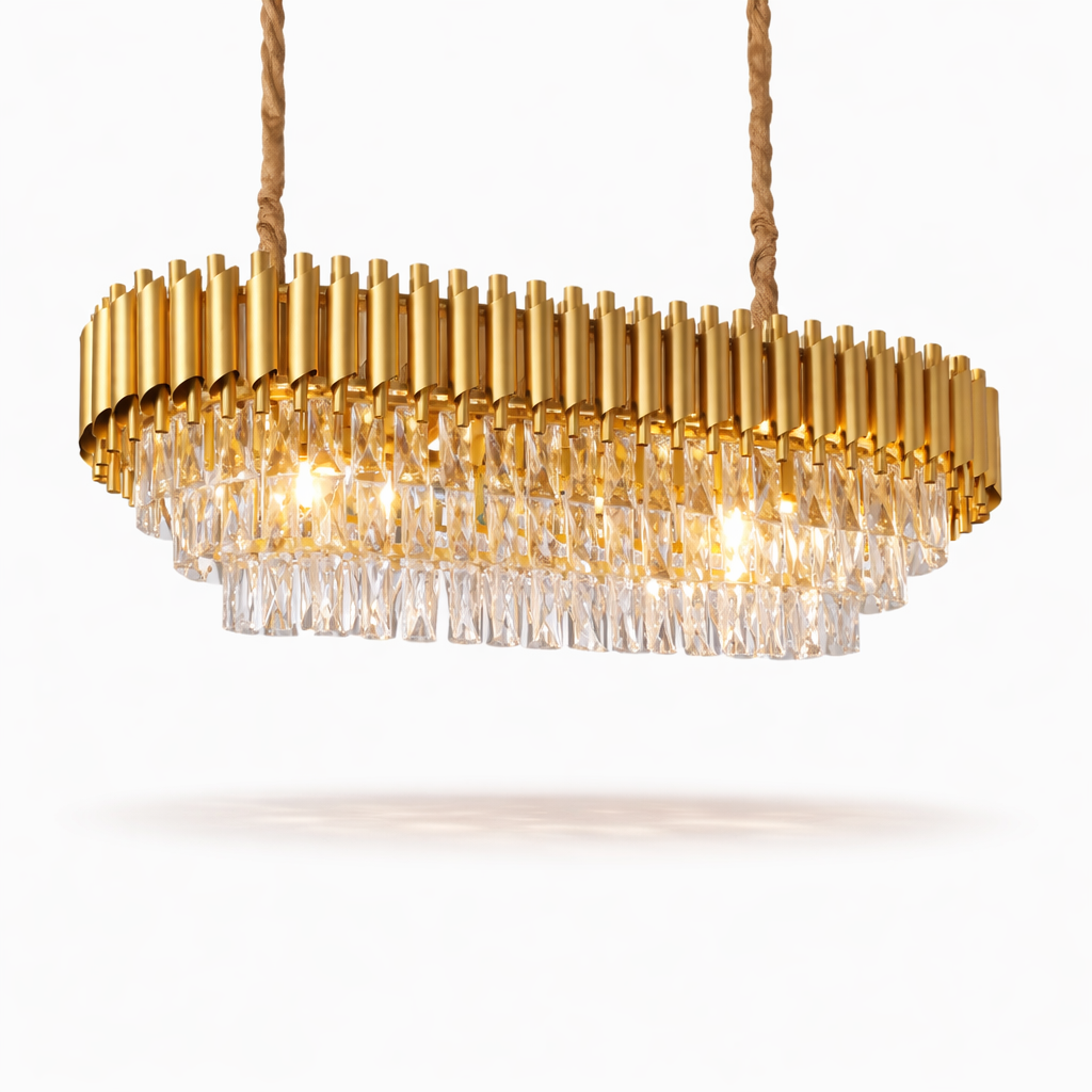 Gold LED chandelier with crystal prisms for dining room