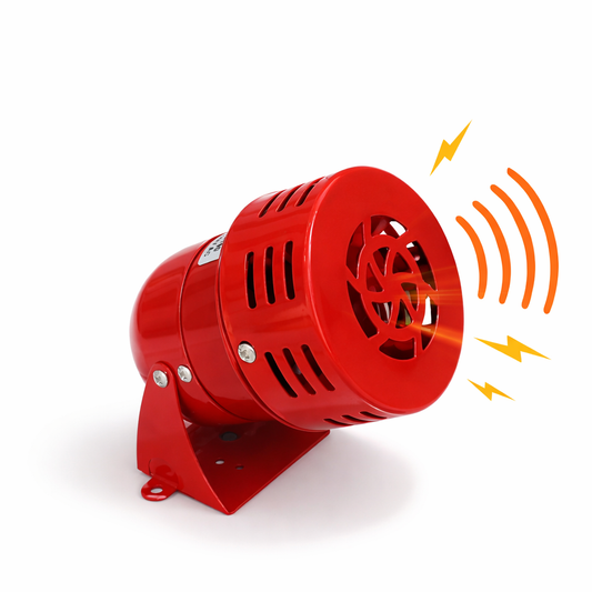 Red industrial horn with sound wave graphics on a white background