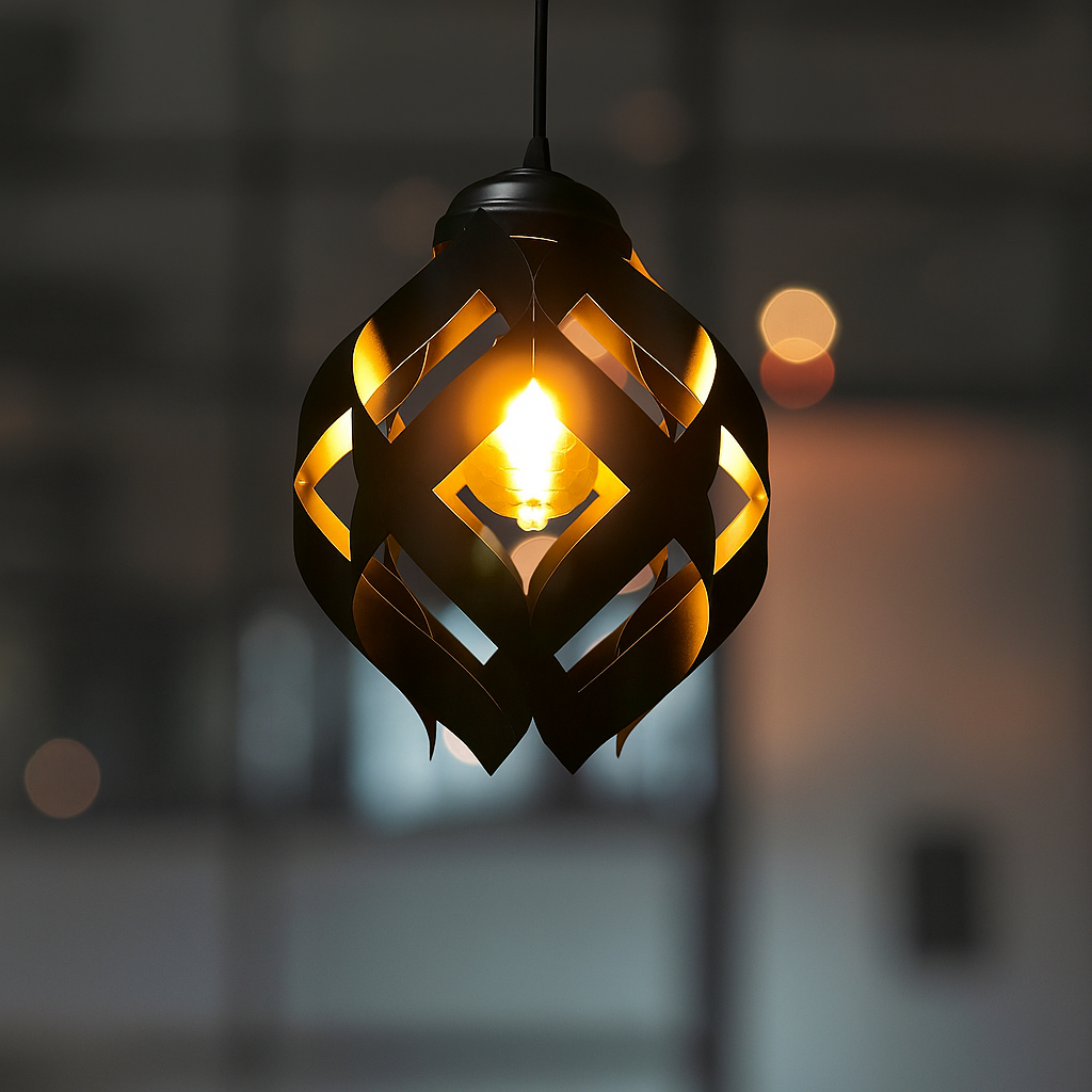 Petal design black metal pendant light with golden inner glow