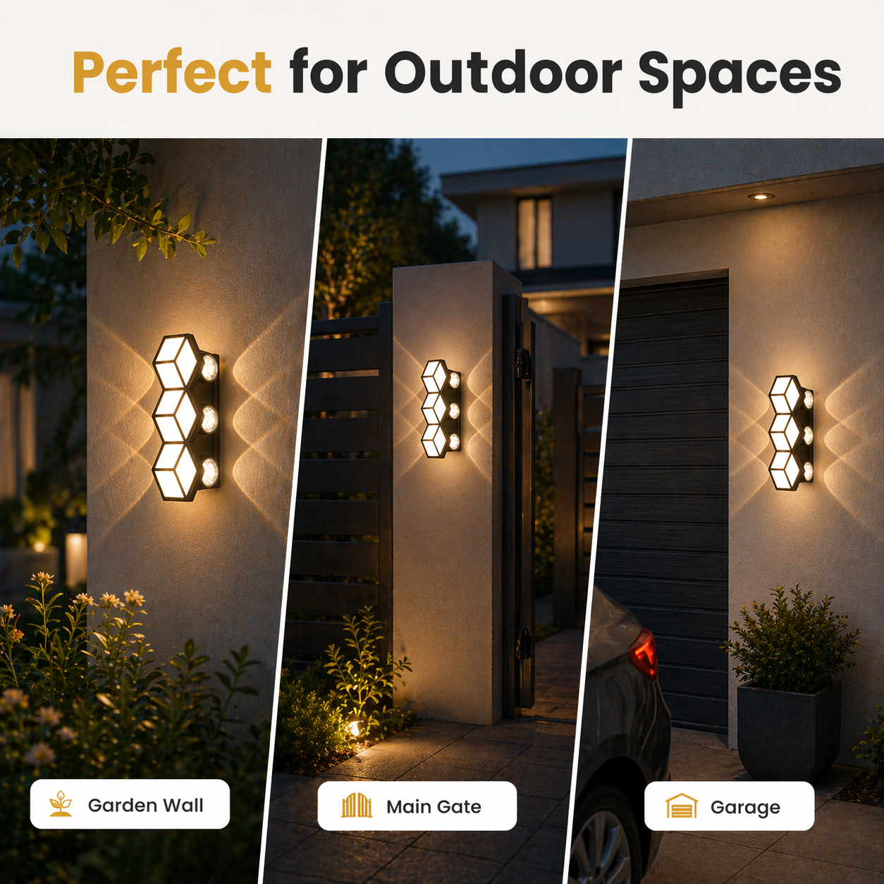 Hexagonal outdoor wall lights shown in garden, main gate, and garage settings with text 'Perfect for Outdoor Spaces'.