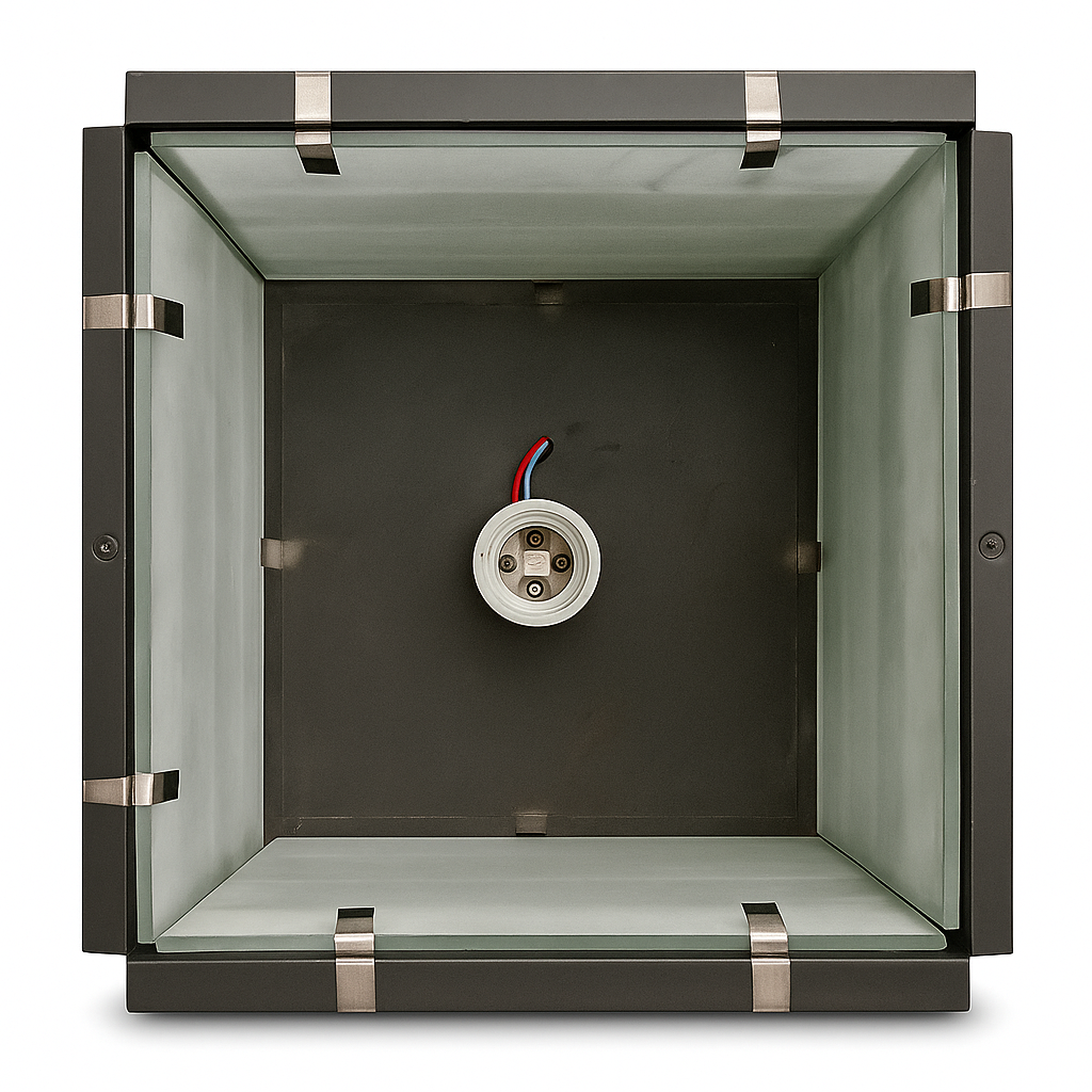 Metallic box with a circular component inside on a white background