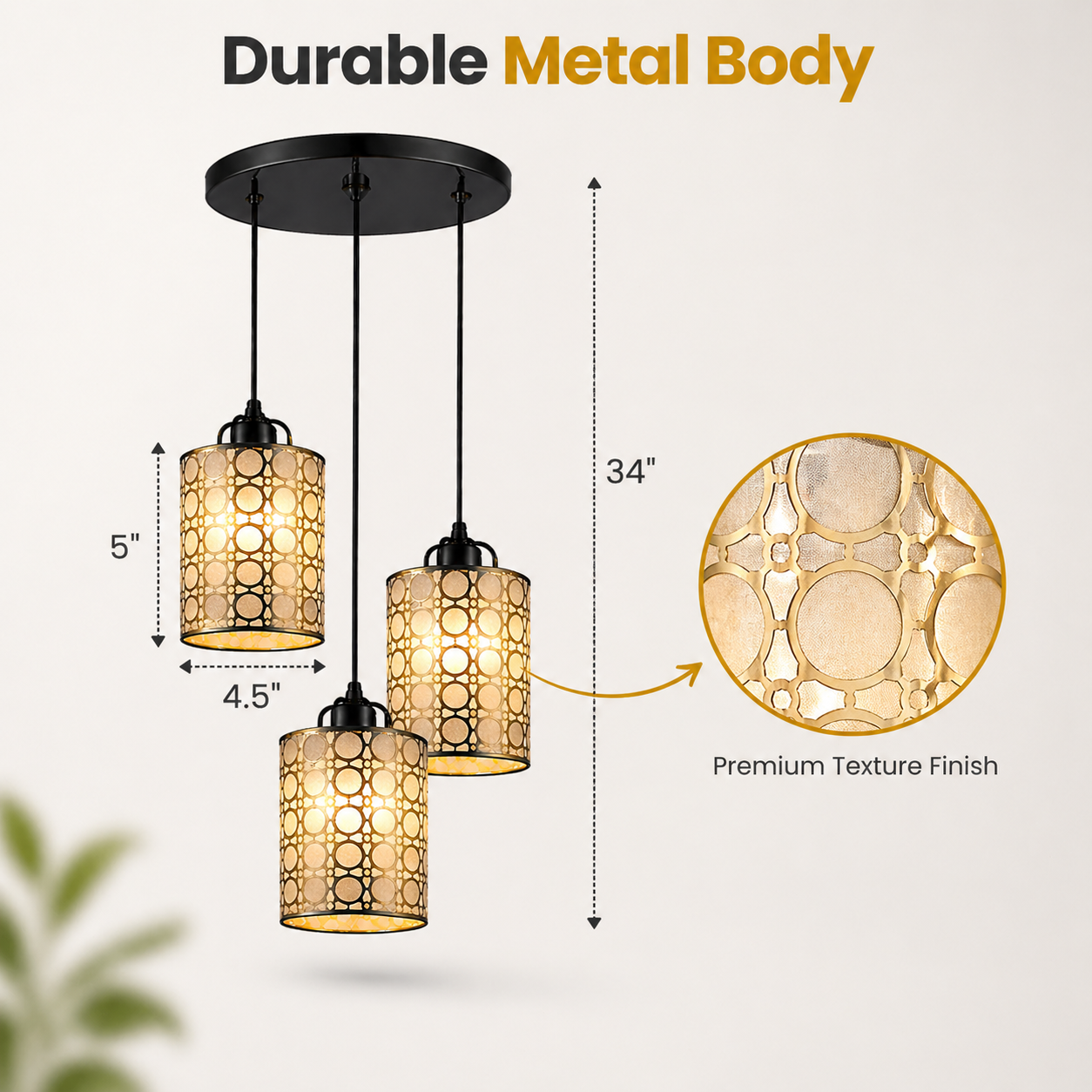 Three pendant lights with measurements and text highlighting durable metal body and premium texture finish.