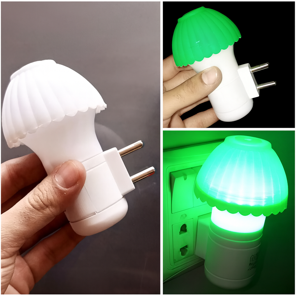 Collage of a white mushroom-shaped night light with green top, held by a hand and plugged into a socket.