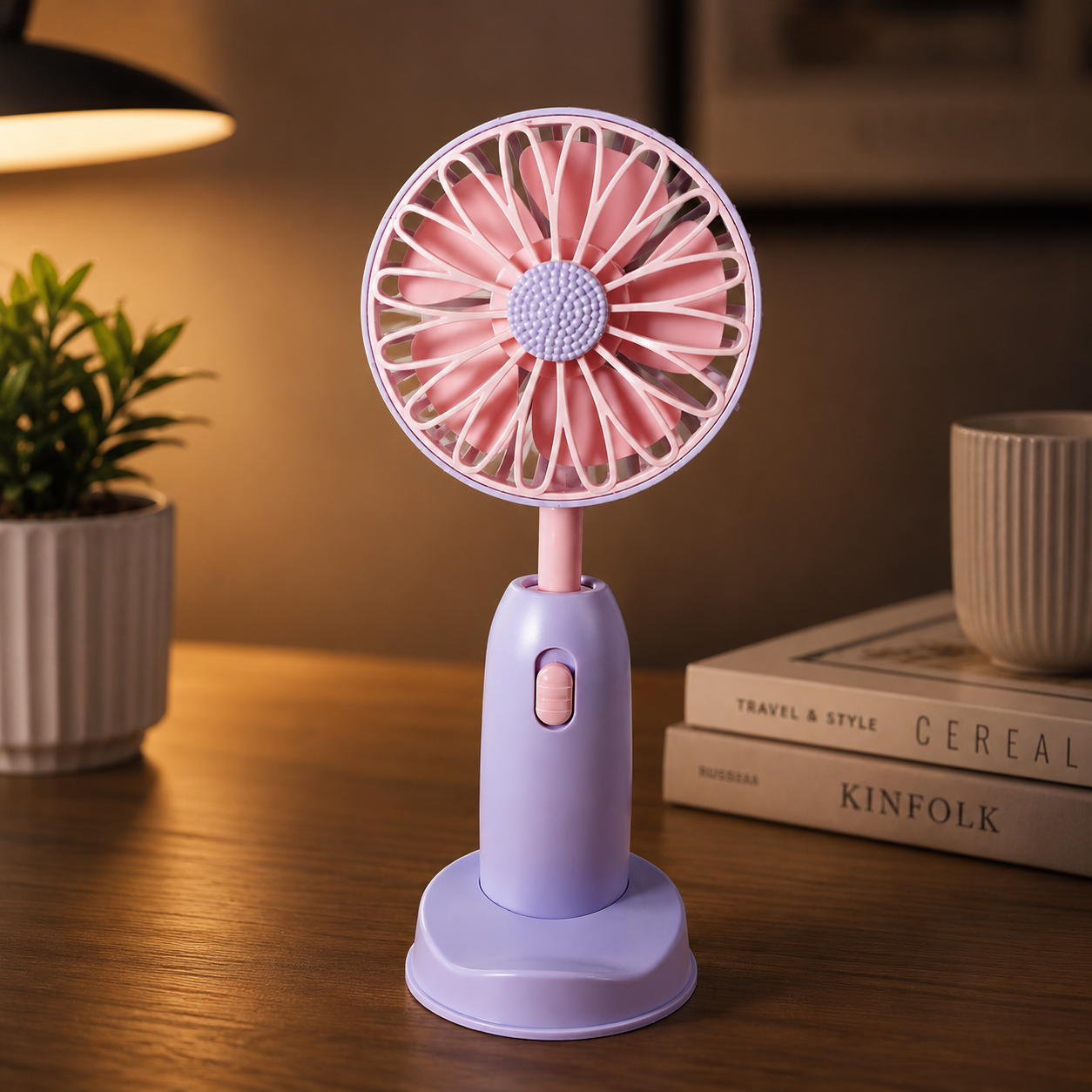 Pink and purple handheld fan on a wooden surface with books and a plant in the background