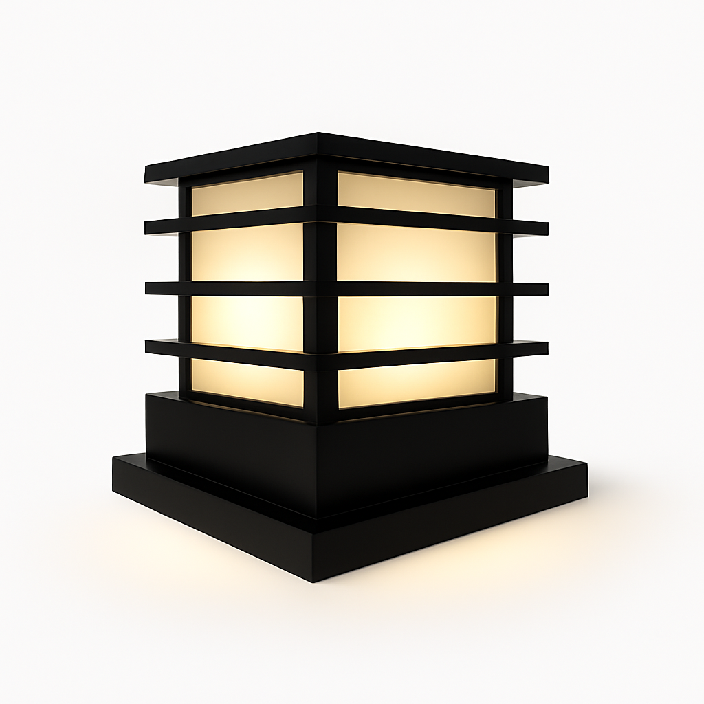 Black outdoor lamp with a warm glow on a white background