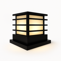 Black outdoor lamp with a warm glow on a white background