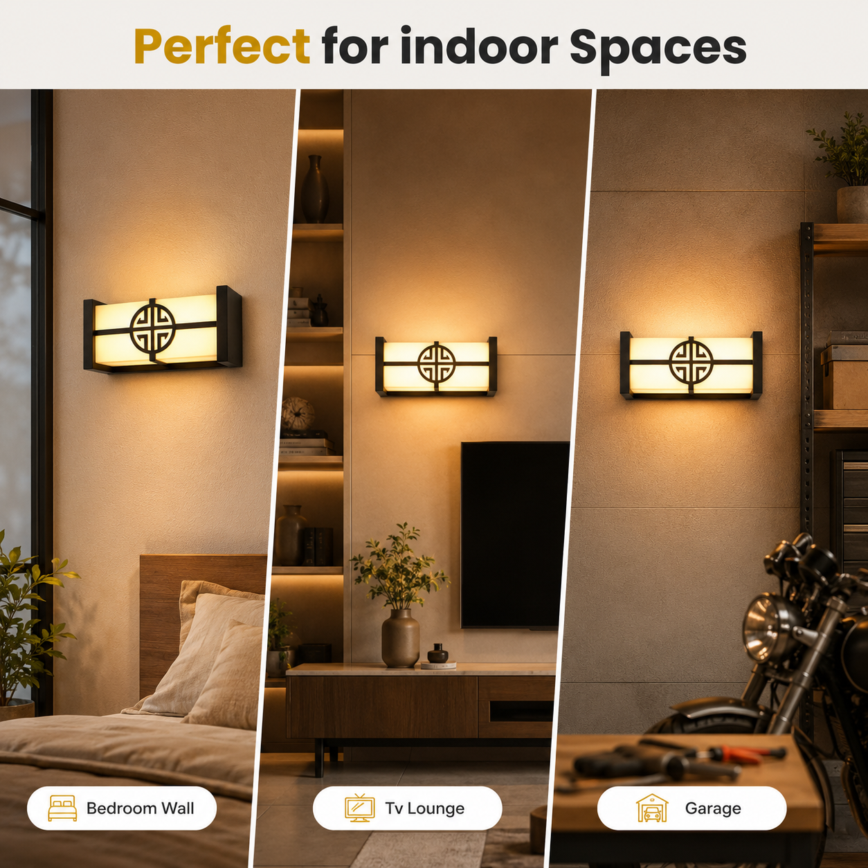 Wall-mounted light fixture shown in various indoor settings including bedroom, TV lounge, and garage.