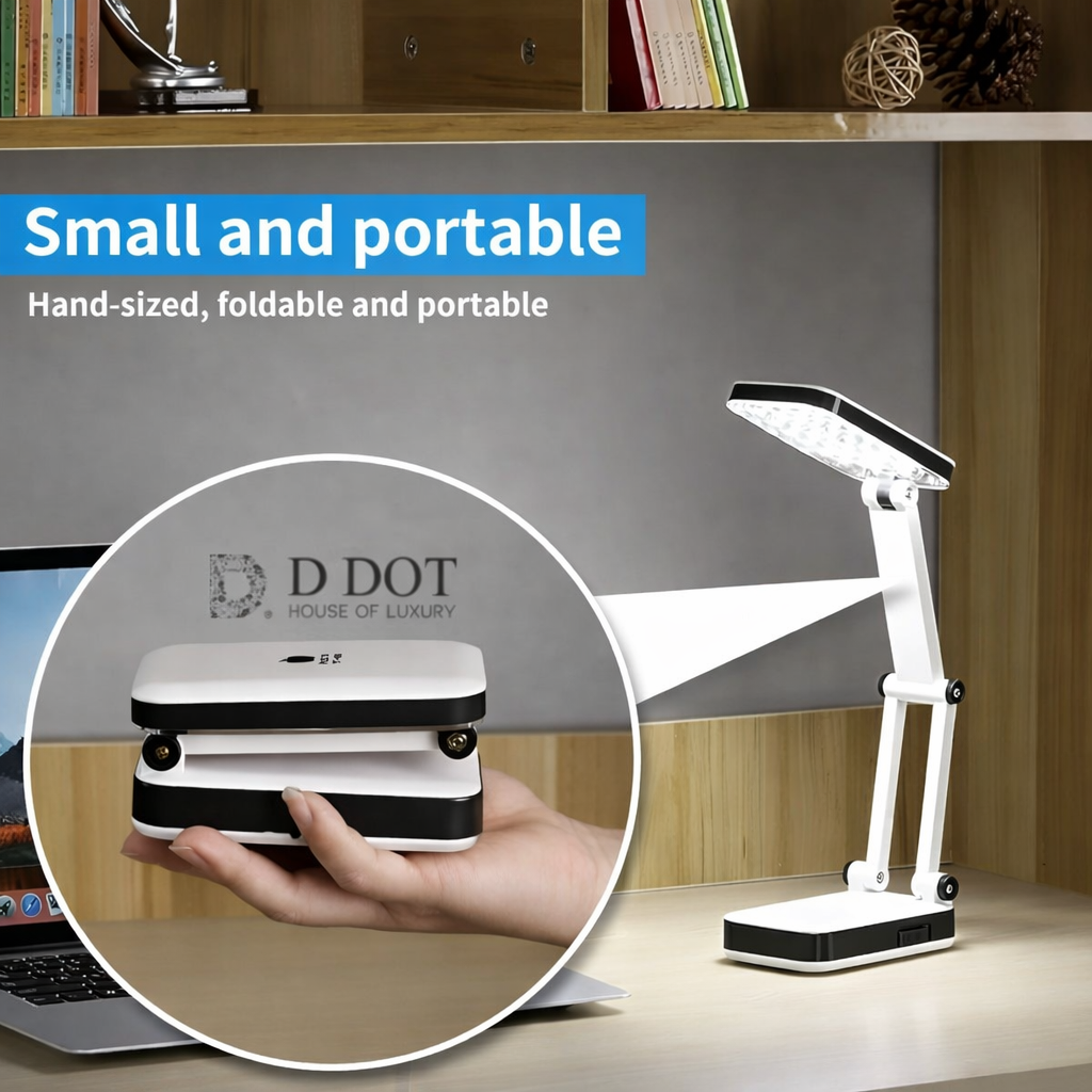 Small and portable desk lamp with D Dot branding on a desk.