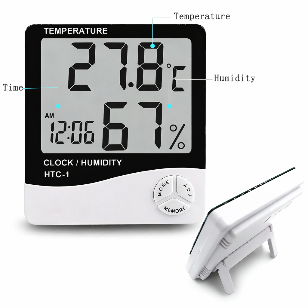 Digital thermometer with humidity and clock display on a white background