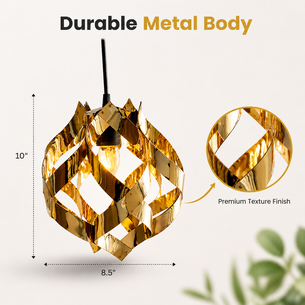 Gold pendant light with text 'Durable Metal Body' and measurements on a white background.