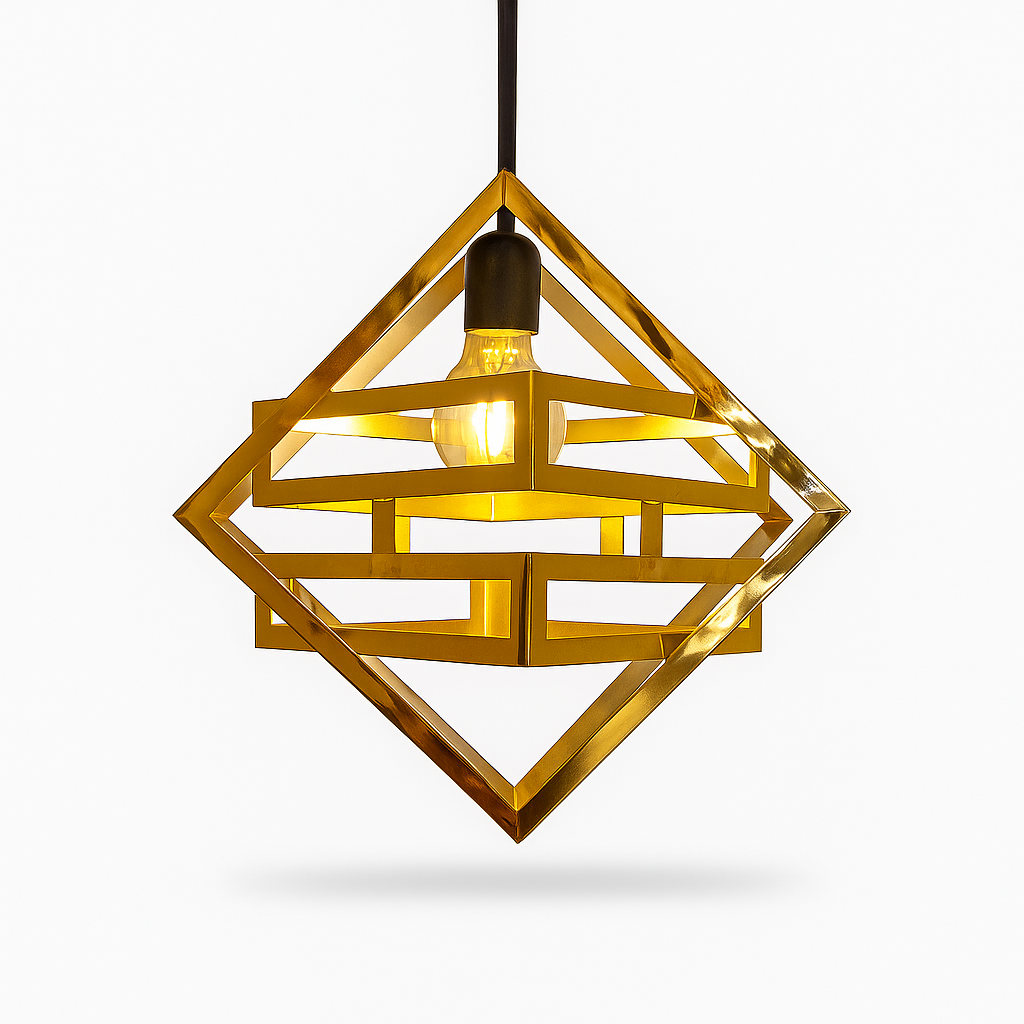 Gold geometric pendant light on a white background