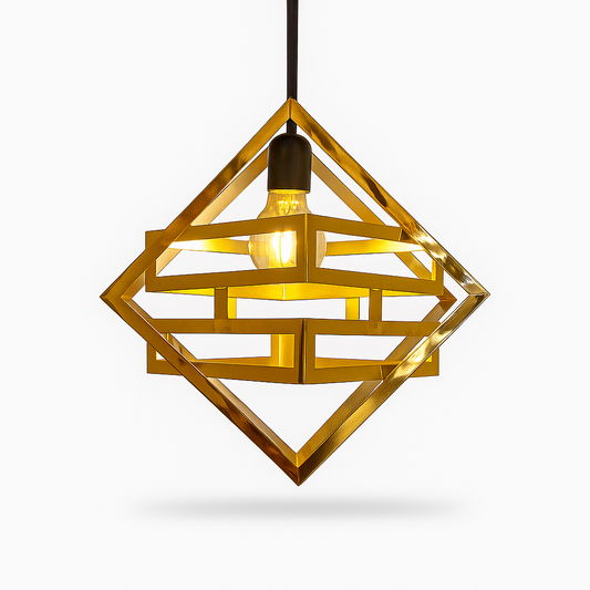 Gold geometric pendant light on a white background