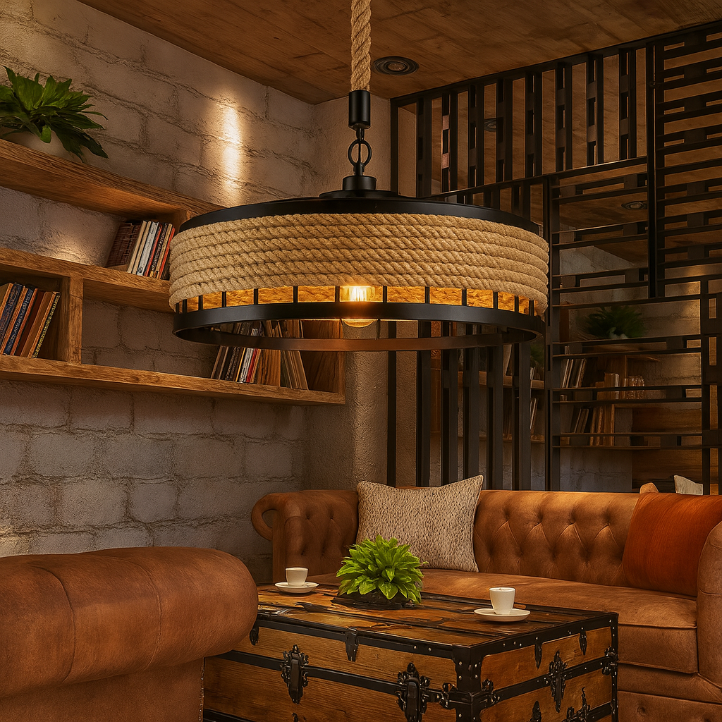 Vintage rope drum pendant lamp ideal for cafés and lounges.