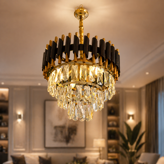 Luxury chandelier in a living room setting with warm lighting
