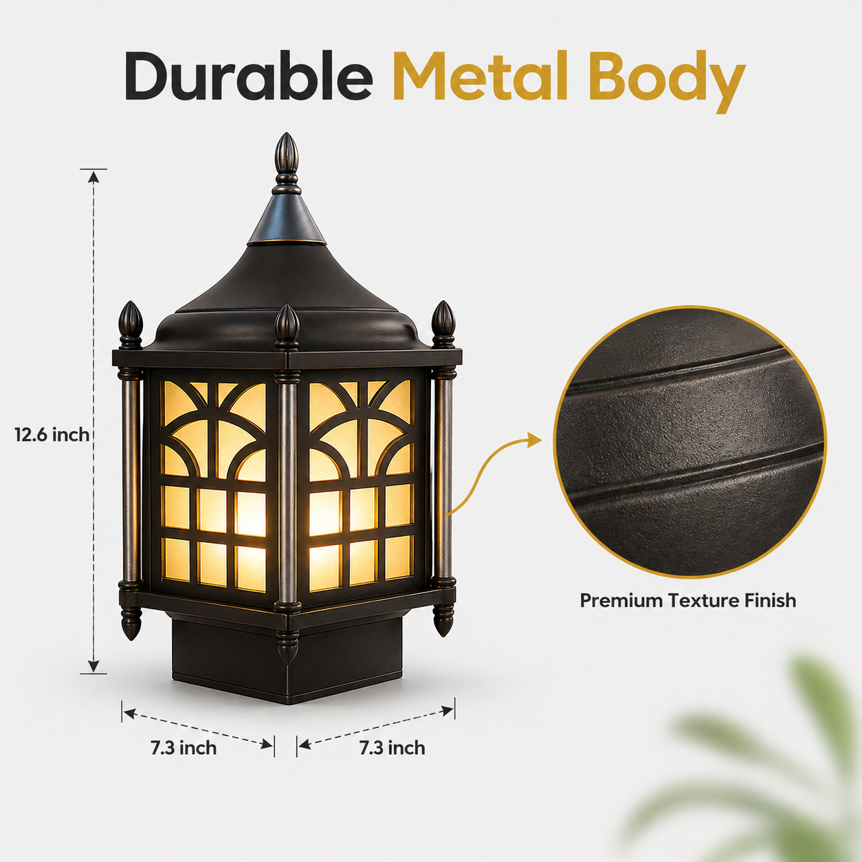 Decorative outdoor light fixture with dimensions and texture finish details on a white background