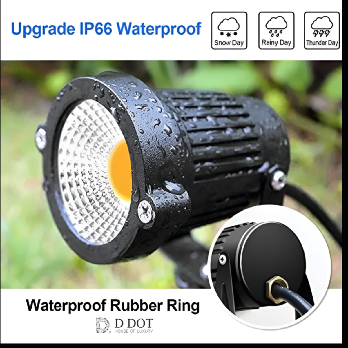 “LED garden spotlight in multiple colors for landscaping.”