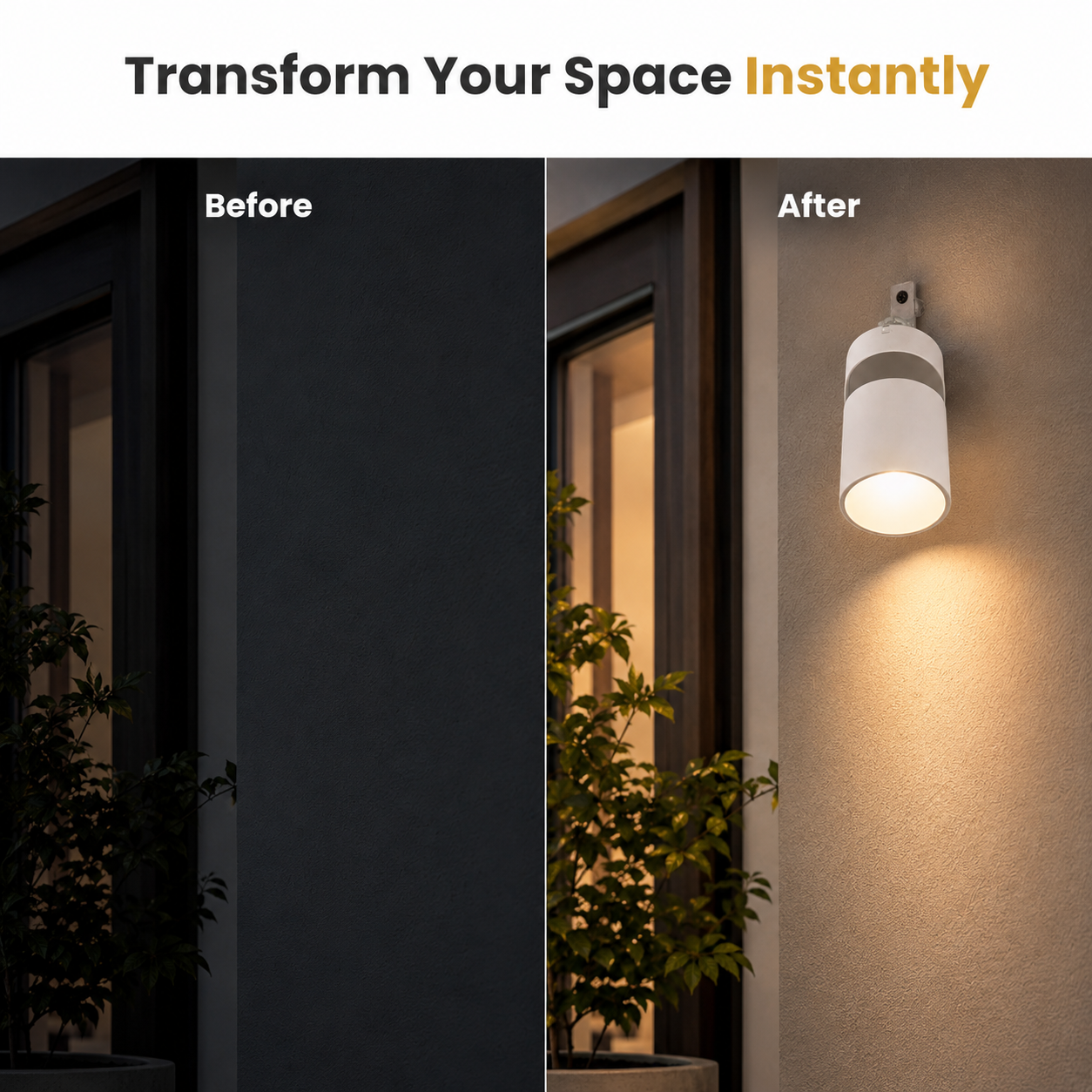 Before and after comparison of a wall-mounted light fixture on an exterior wall.