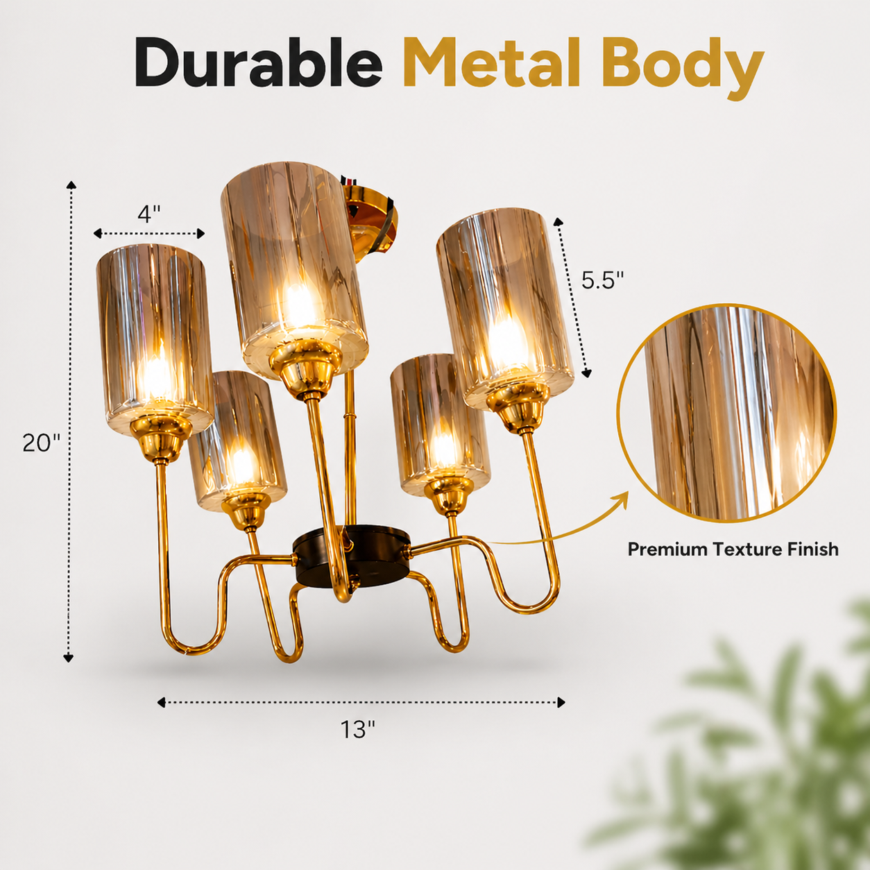 Chandelier with dimensions and texture finish details on a light gray background