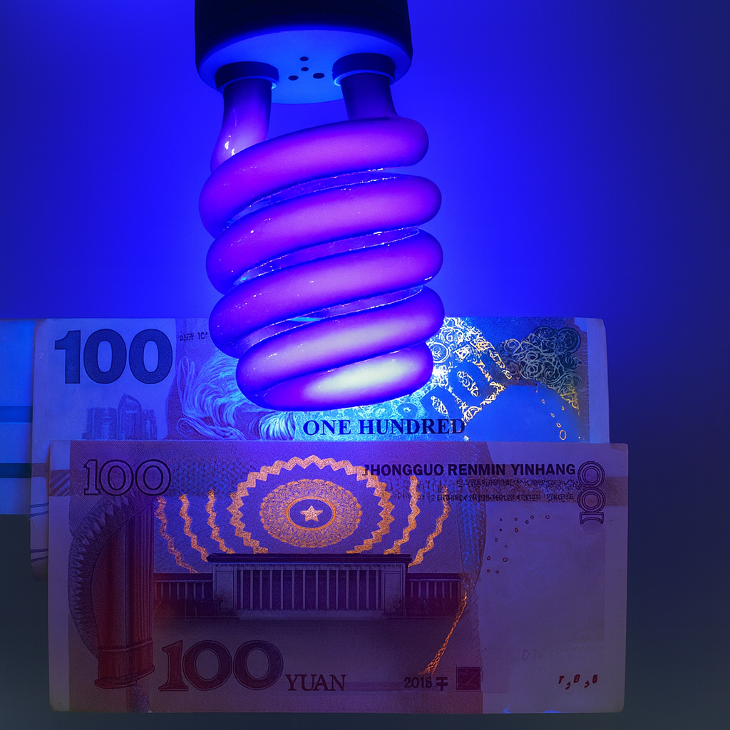 UV light bulb illuminating a Chinese 100 yuan banknote