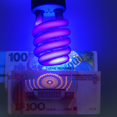 UV light bulb illuminating a Chinese 100 yuan banknote