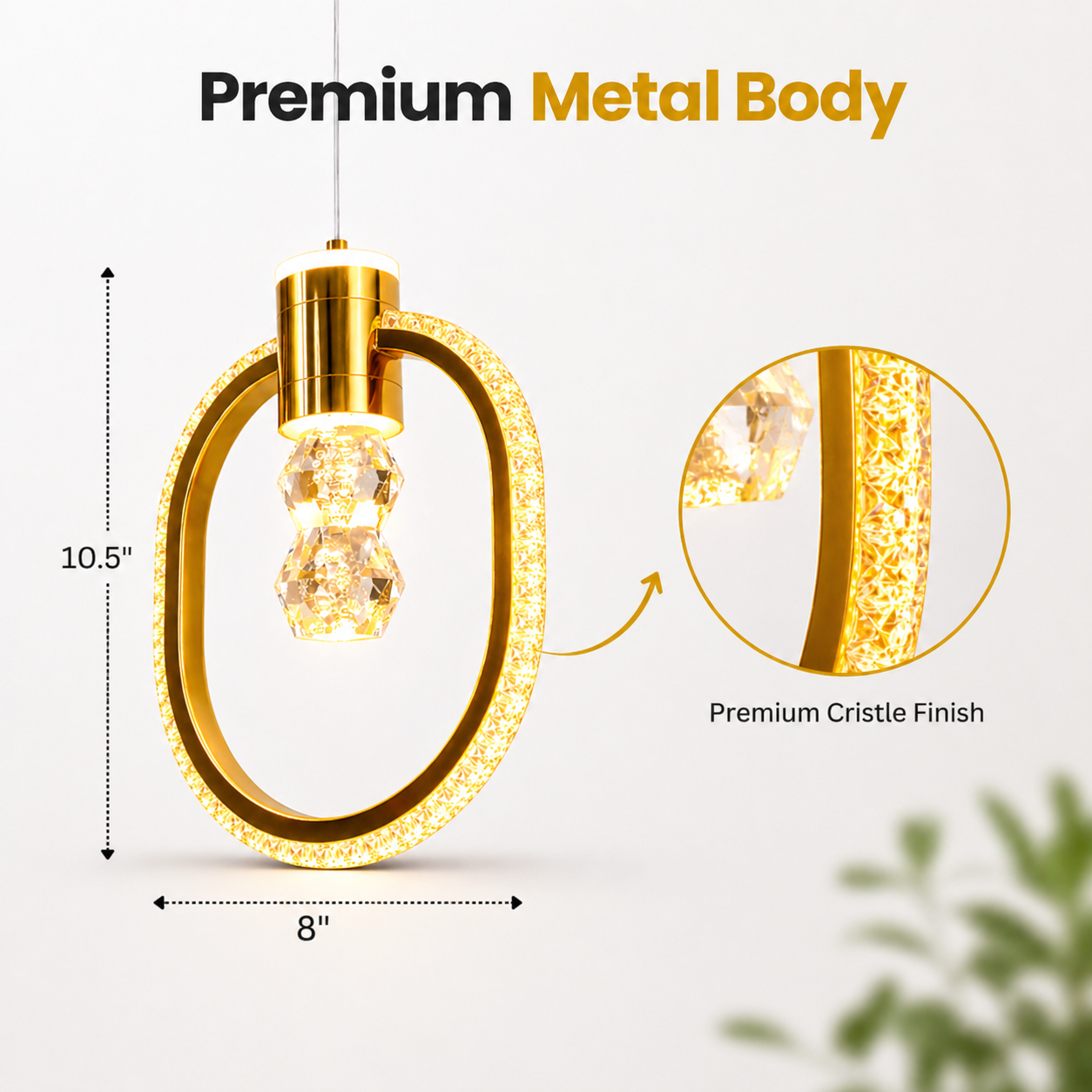 Gold pendant light with measurements and close-up of crystal finish on a white background