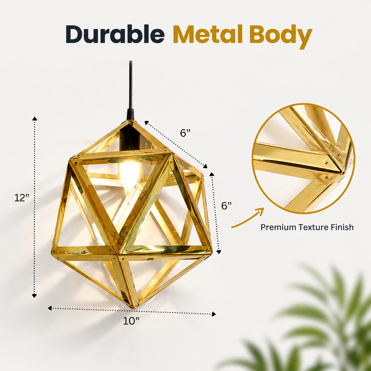 Gold geometric pendant light with measurements and texture finish details on a white background