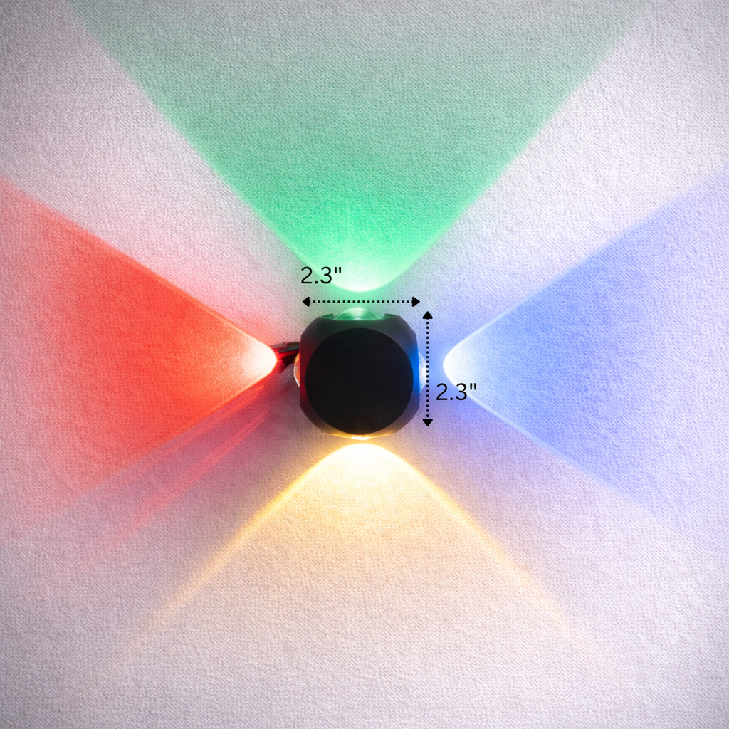 Colorful light projection on a white surface with measurements indicated.